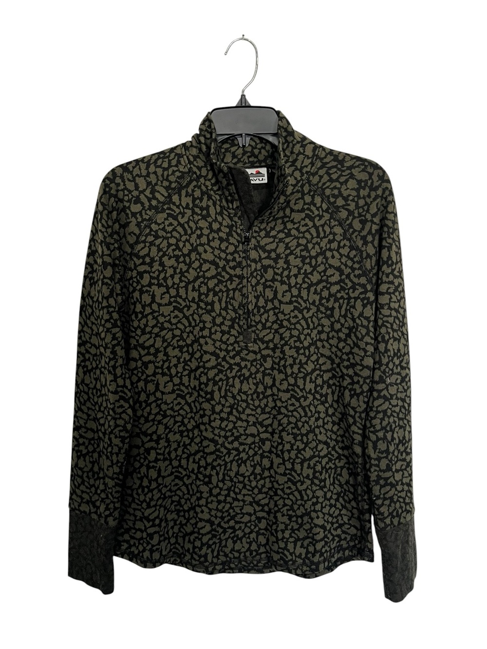 Kavu | Olive Green Black Leopard Print Quarter Zip Fleece Pullover M